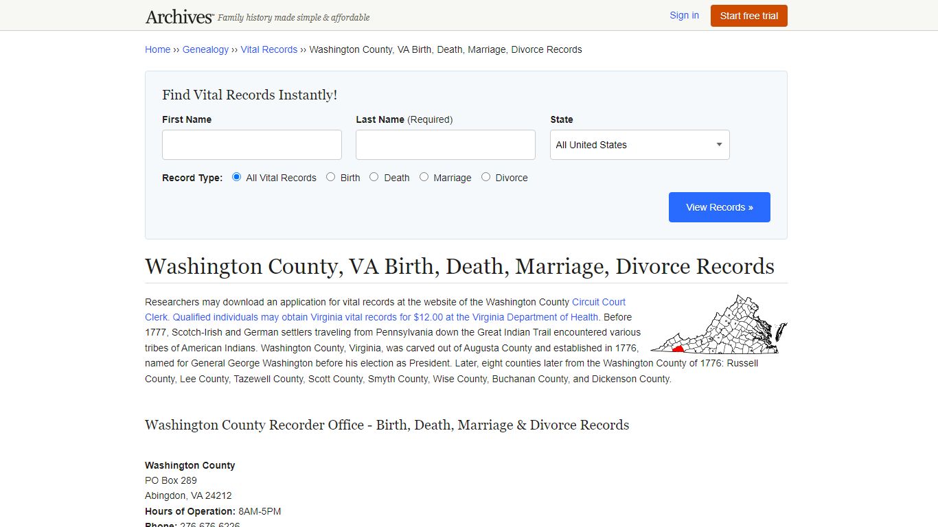 Washington County, VA Birth, Death, Marriage, Divorce Records